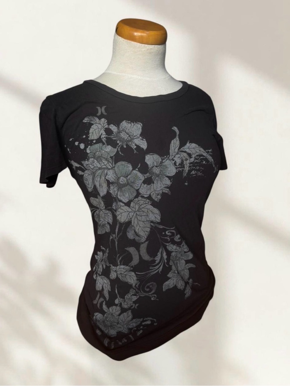 Hurley Black Tee with Gray Floral Design